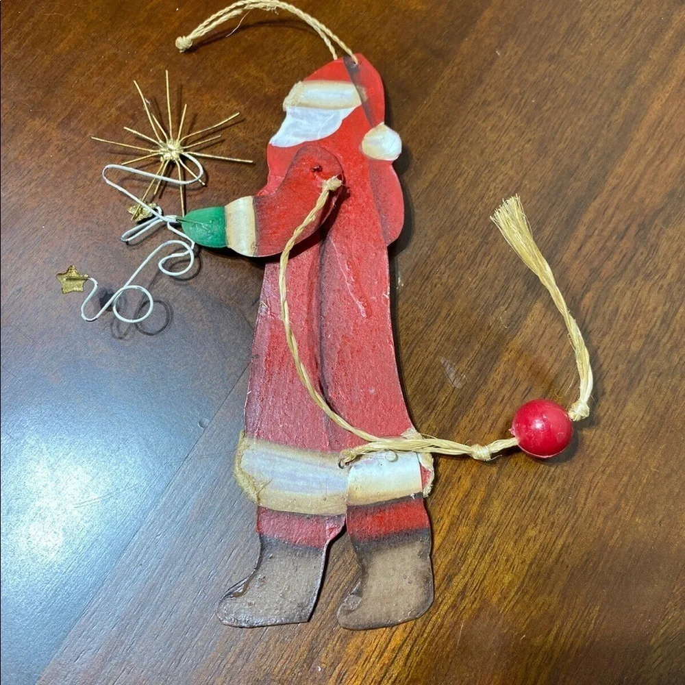 Vtg Tin Santa Clause Christmas Tree Ornament Articulated Movable Arm & Leg.